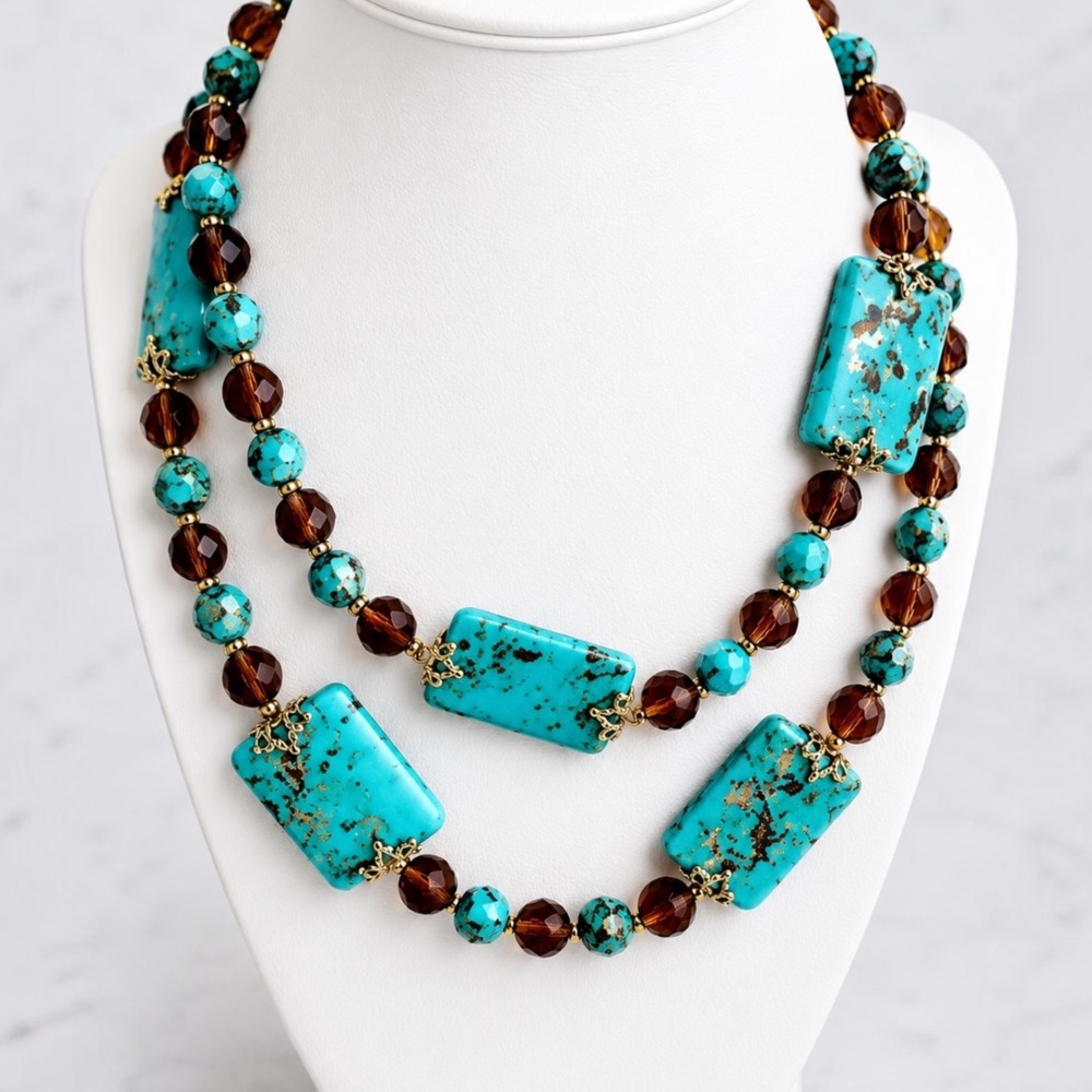 Vintage Joan Rivers Turquoise Amber Crystal Station Necklace Bracelet Set